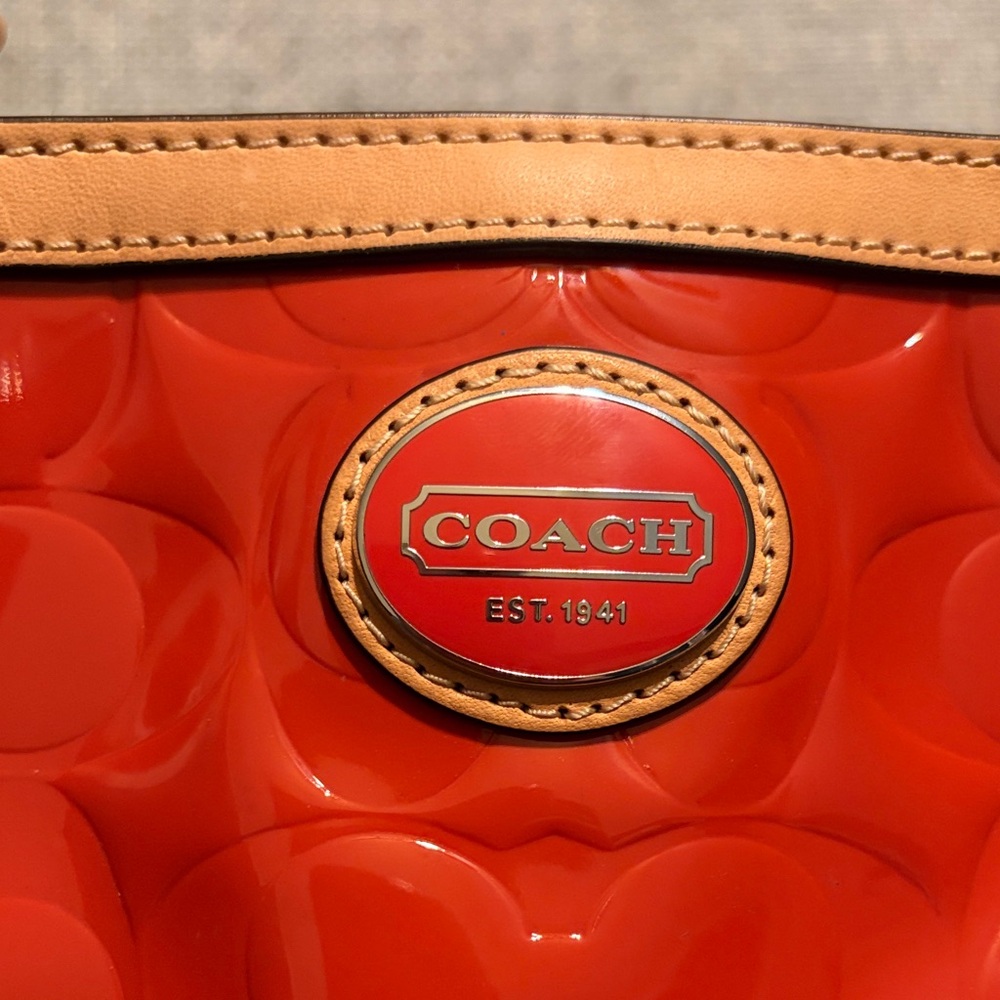 Coach Orange Patent Tote with Top Handle Tan Leather Trim - Picture 6 of 8